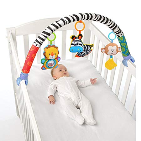 X-star Baby Travel Play Arch Stroller/Crib Accessory,Cloth Animmal Toy and Pram Activity Bar with Rattle/Squeak/Teethers(Stripe)
