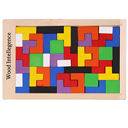 Arshiner 40PCS Wooden Tetris Puzzle Tangram Jigsaw Geometric Sorting Building Block Toy Bricks